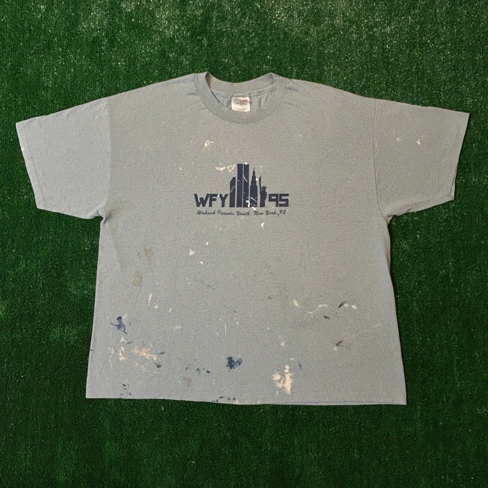 Vtg 1995 NYC Twin Towers T-Shirt XL Blue Gray Single Stitch Thrashed Distressed